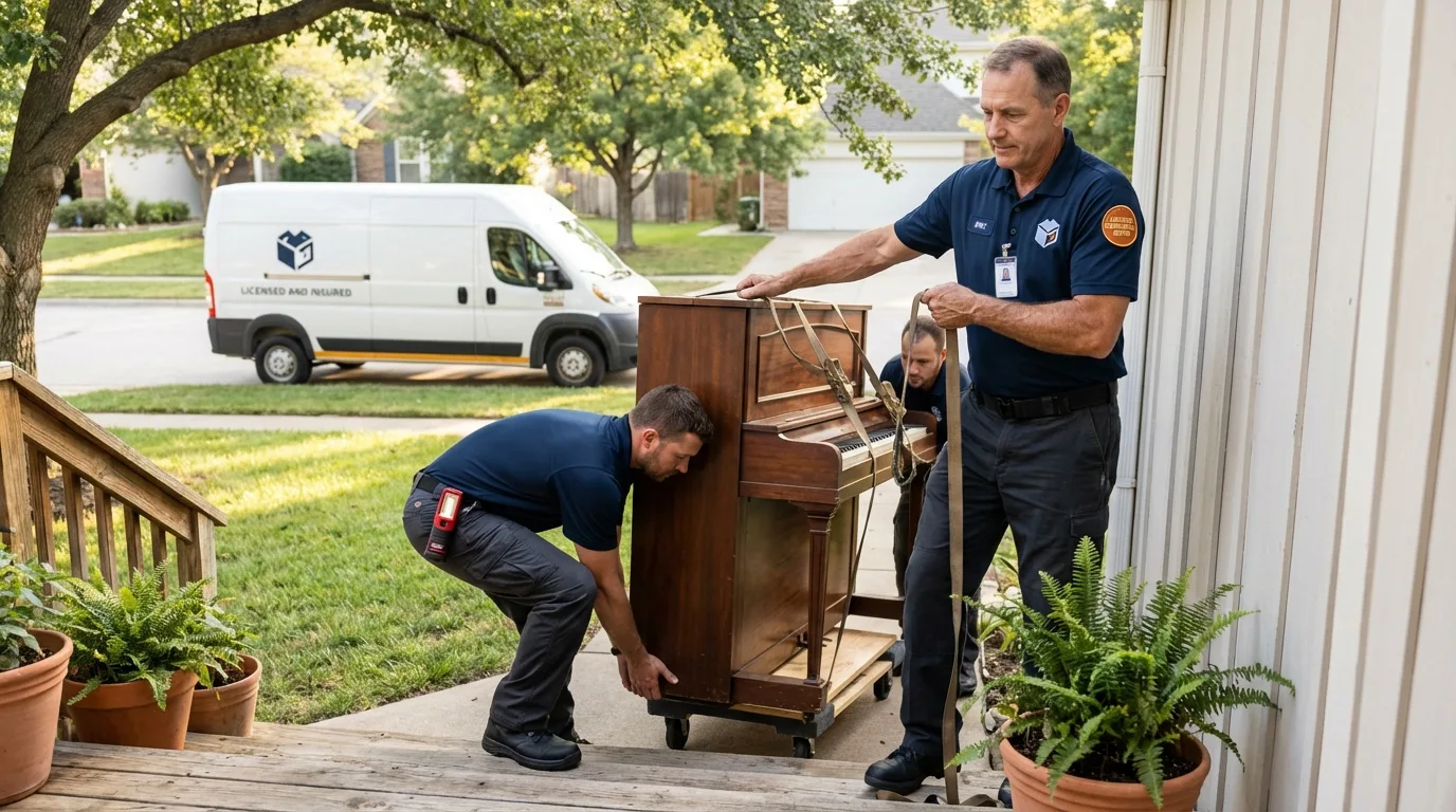 Licensed piano movers securing grand piano in Enfield, CT