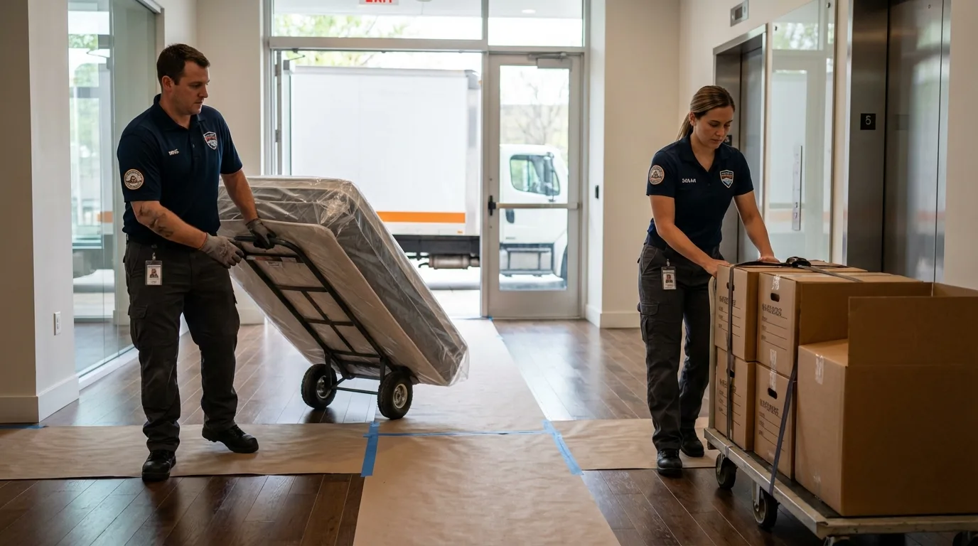 Professional apartment movers loading elevator in Enfield, CT